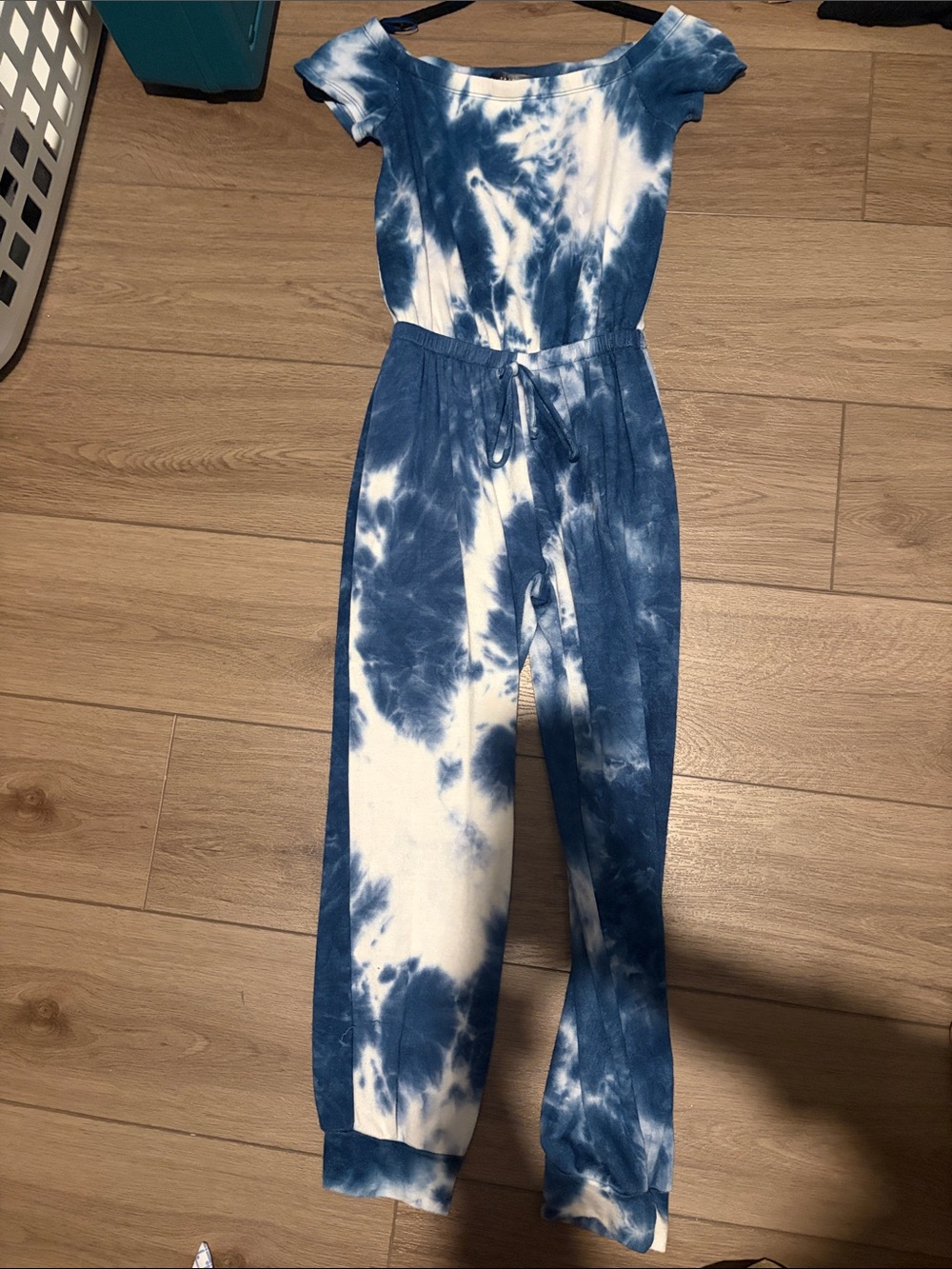 Blue & White Tie-Dye Off-Shoulder Jumpsuit with Drawstring Waist